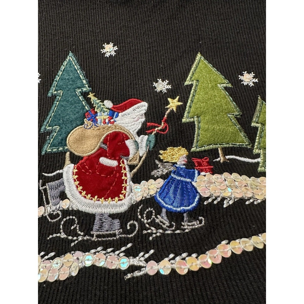 White Stag Christmas Top Women Med Black Santa Sequin Embroidered Ribbed Shirt